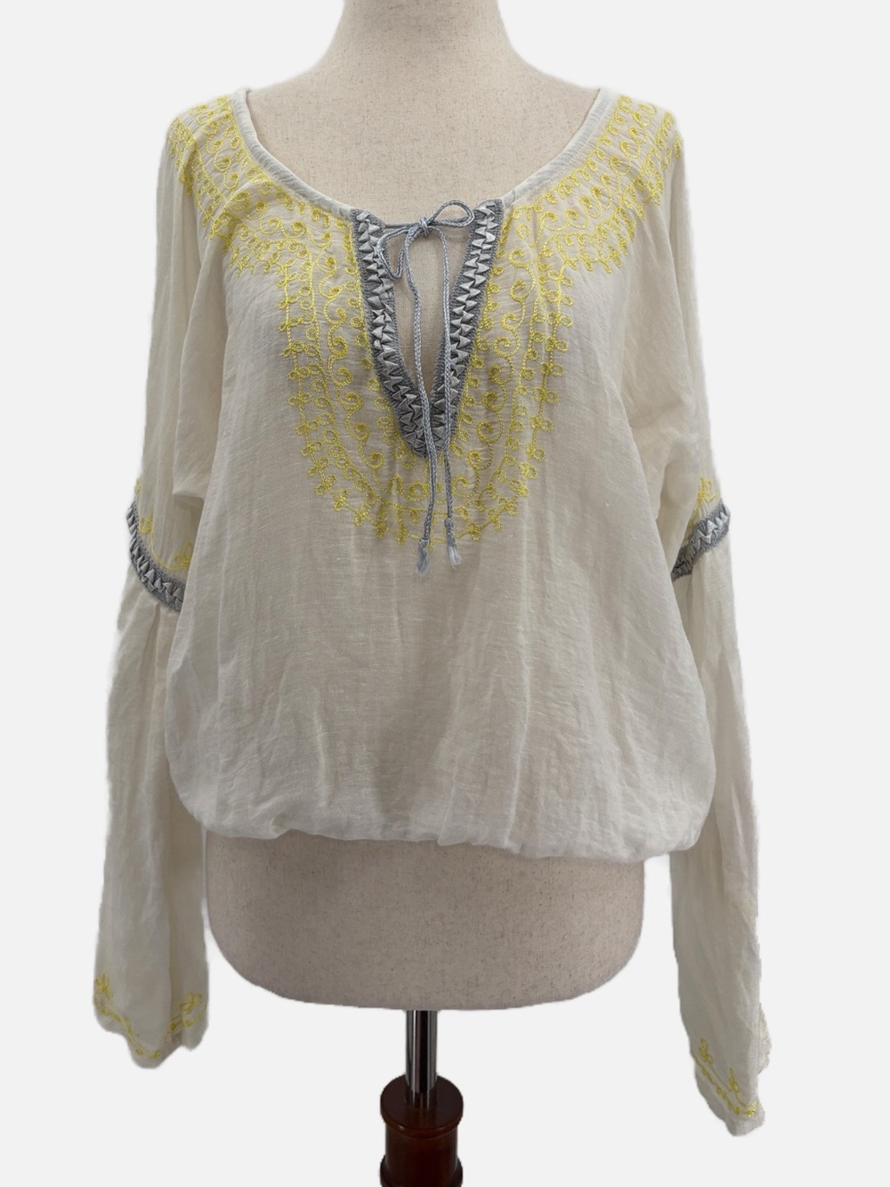 Free People Vintage Y2K Linen Cotton Embroidered Boho Blouse Small